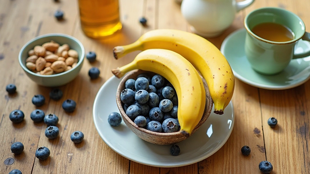 Здоровый завтрак с фруктами и напитками