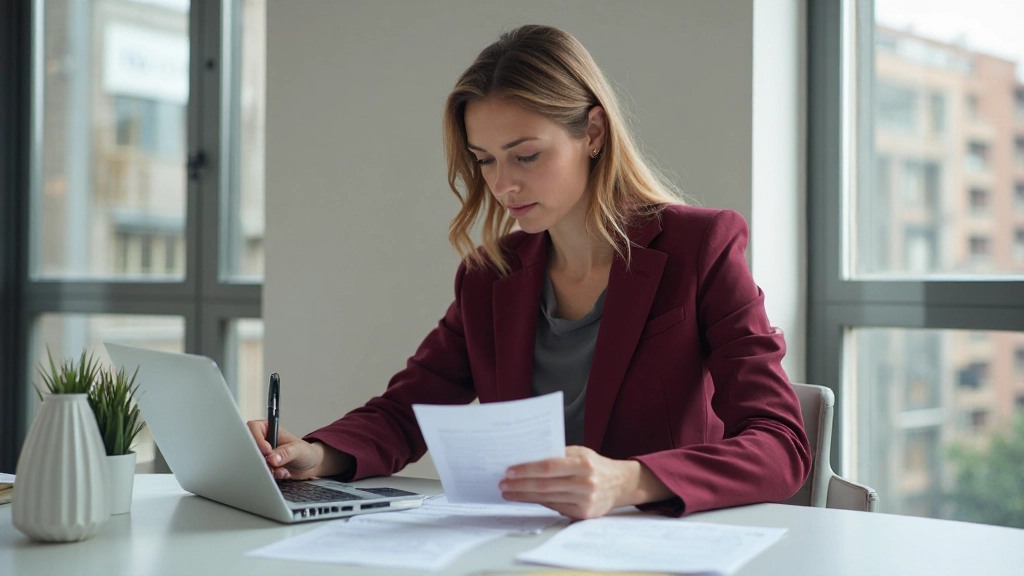 Профессиональная женщина проверяет месячный бюджет с ноутбуком и калькулятором на столе
