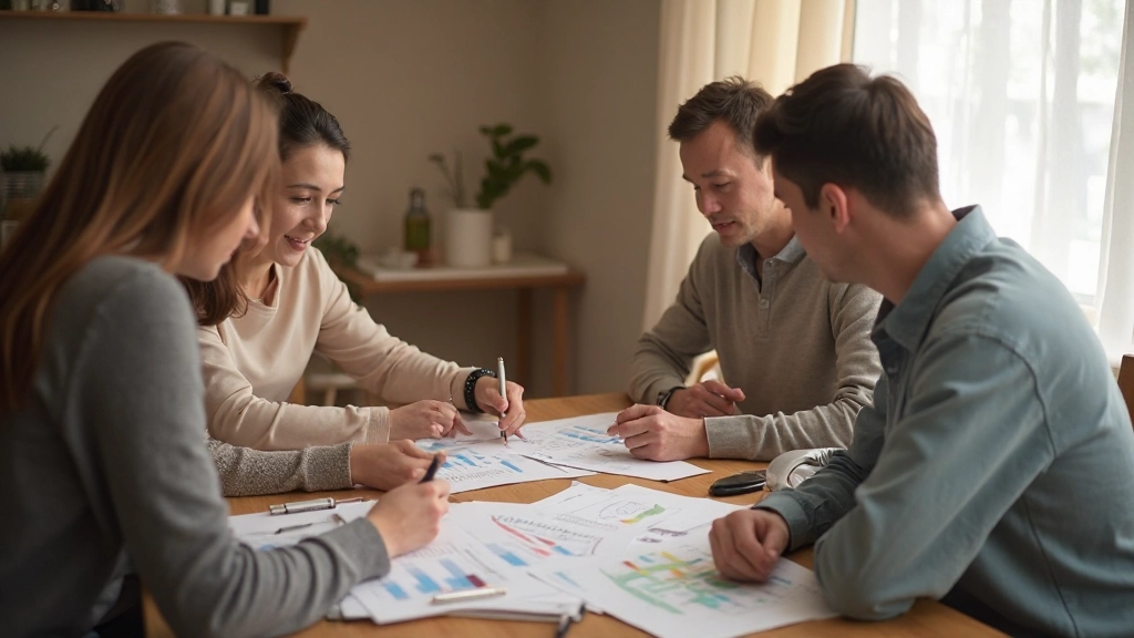 Профессиональный снимок семьи, обсуждающей цели накоплений и финансовые планы за столом