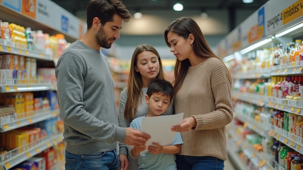Семья делает покупки в супермаркете со списком, сравнивая цены и выбирая доступные продукты