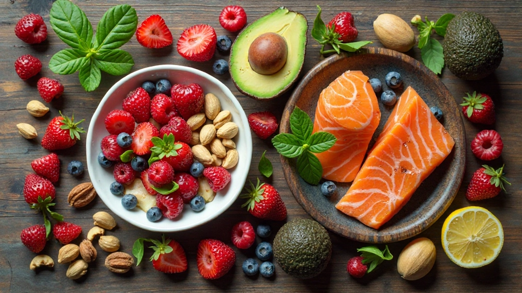Здоровая еда для мозга: ягоды, орехи, рыба и овощи на деревянном столе