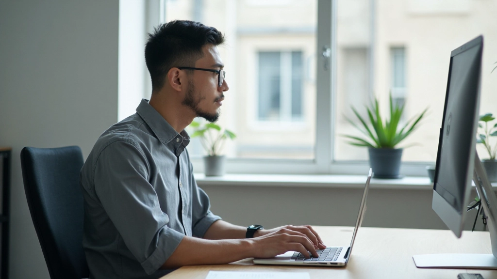 Человек работает с полной концентрацией за организованным рабочим столом