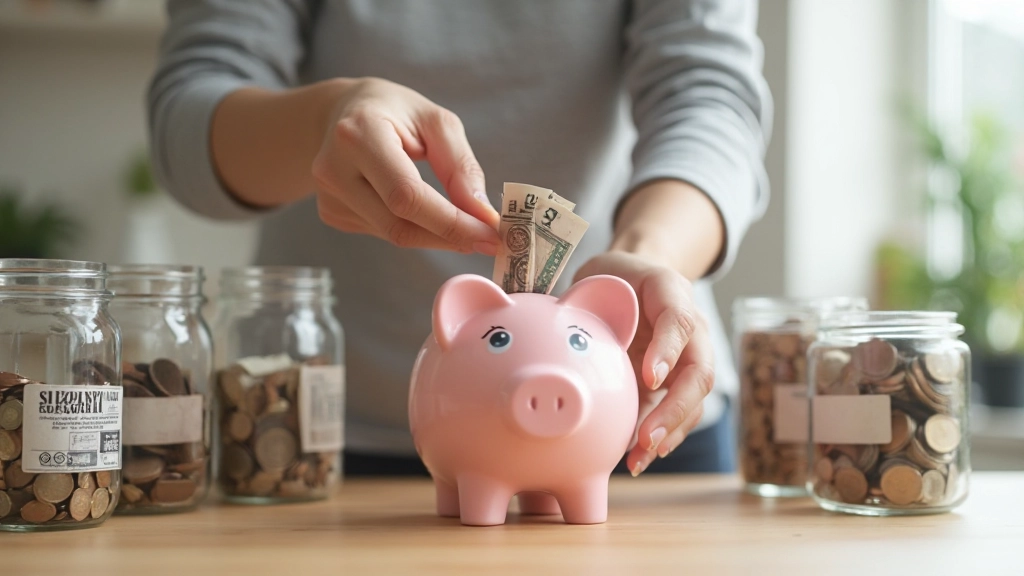 Копилка с монетами и банкноты, демонстрация разных целей накопления