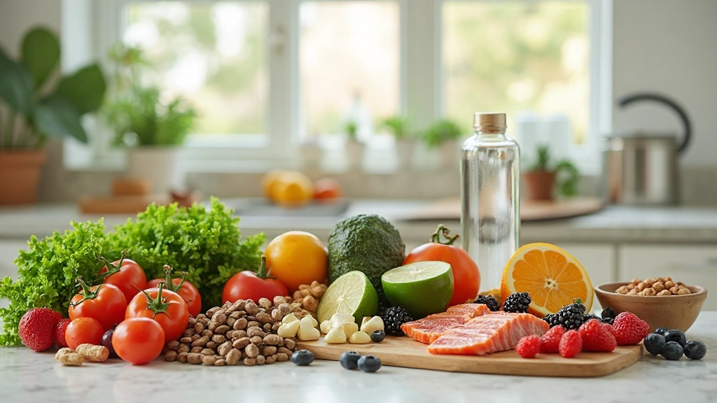 Здоровые продукты и витаминные добавки на кухонном столе