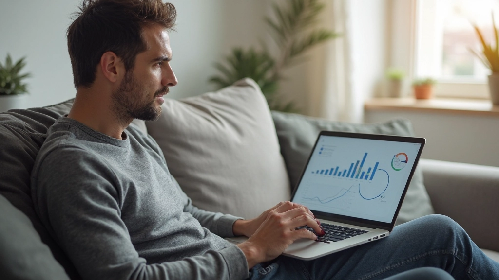 Мужчина на диване изучает финансовый отчет с графиками и планом на ноутбуке