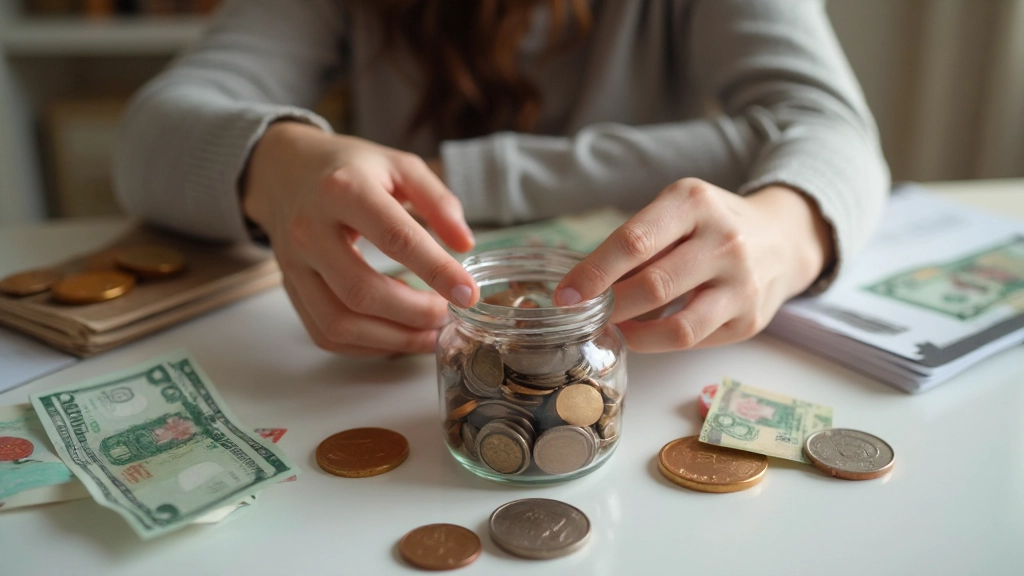 Person organizing coins and banknotes into clear savings containers for different goals