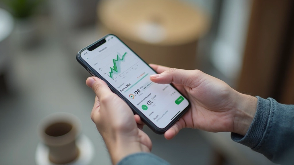 Смартфон с финансовым приложением в руках человека, графики на экране