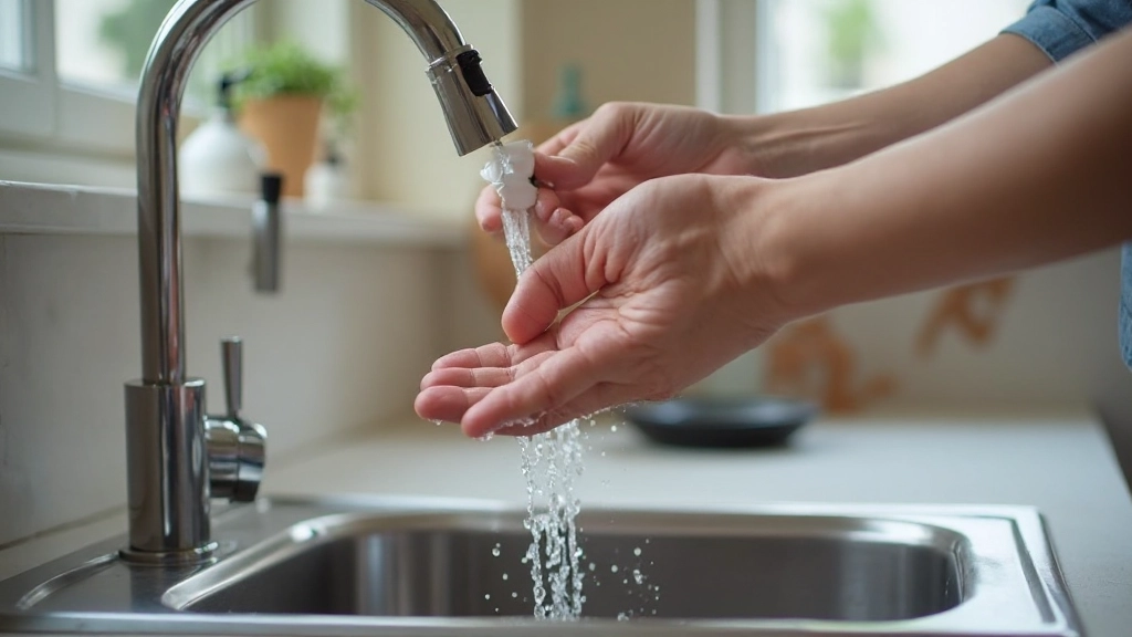 Современный смеситель на кухне с капельками воды, экономный расход