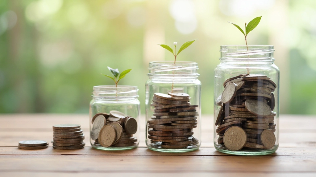 Колбочки с монетами для сбережений по разным целям на столе