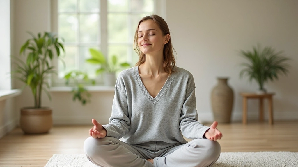 Женщина медитирует в спокойном, светлом пространстве с естественным освещением
