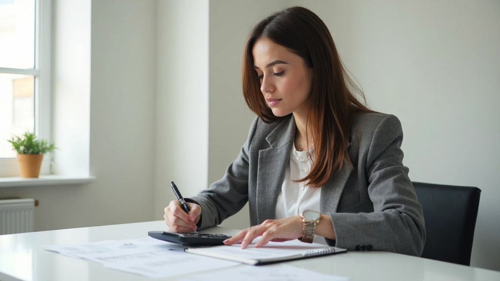 Professional woman reviewing monthly budget with notebook and calculator on desk